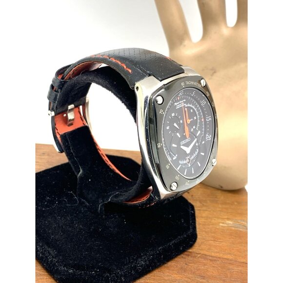 Seiko Sportura Men's Watch 7L22-0AD0 Kinetic Chronograph Black Orange Leather - Picture 15 of 15